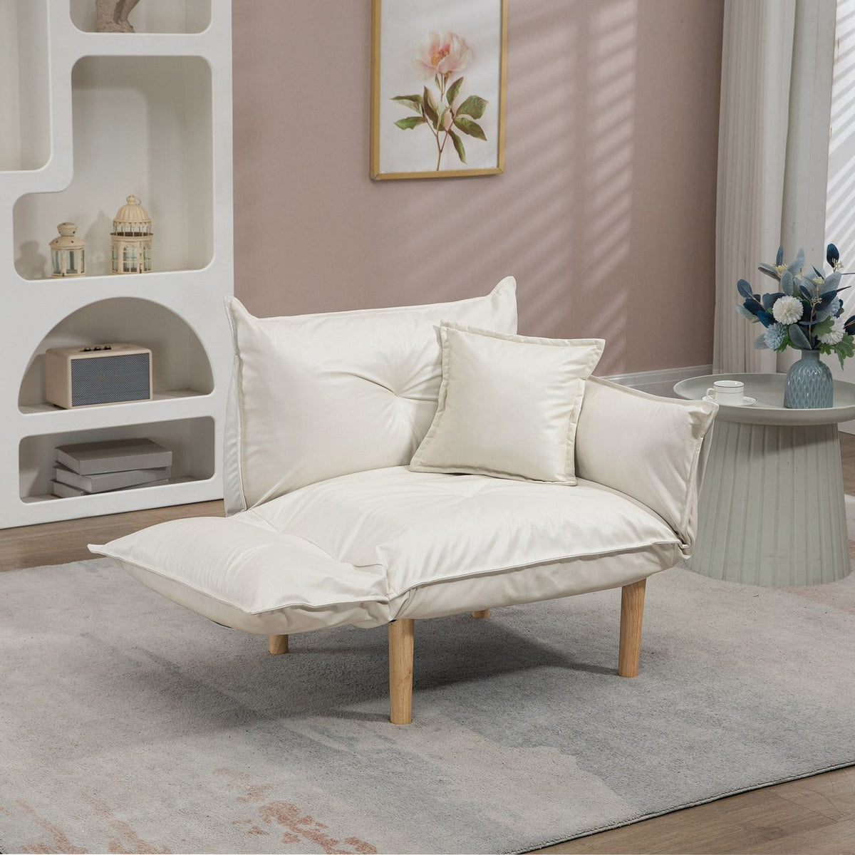 2-in-1 lounge chair, adjustable relaxation chair & accent chair, floor chair with cushion, microfiber cloth, cream, up to 120 kg