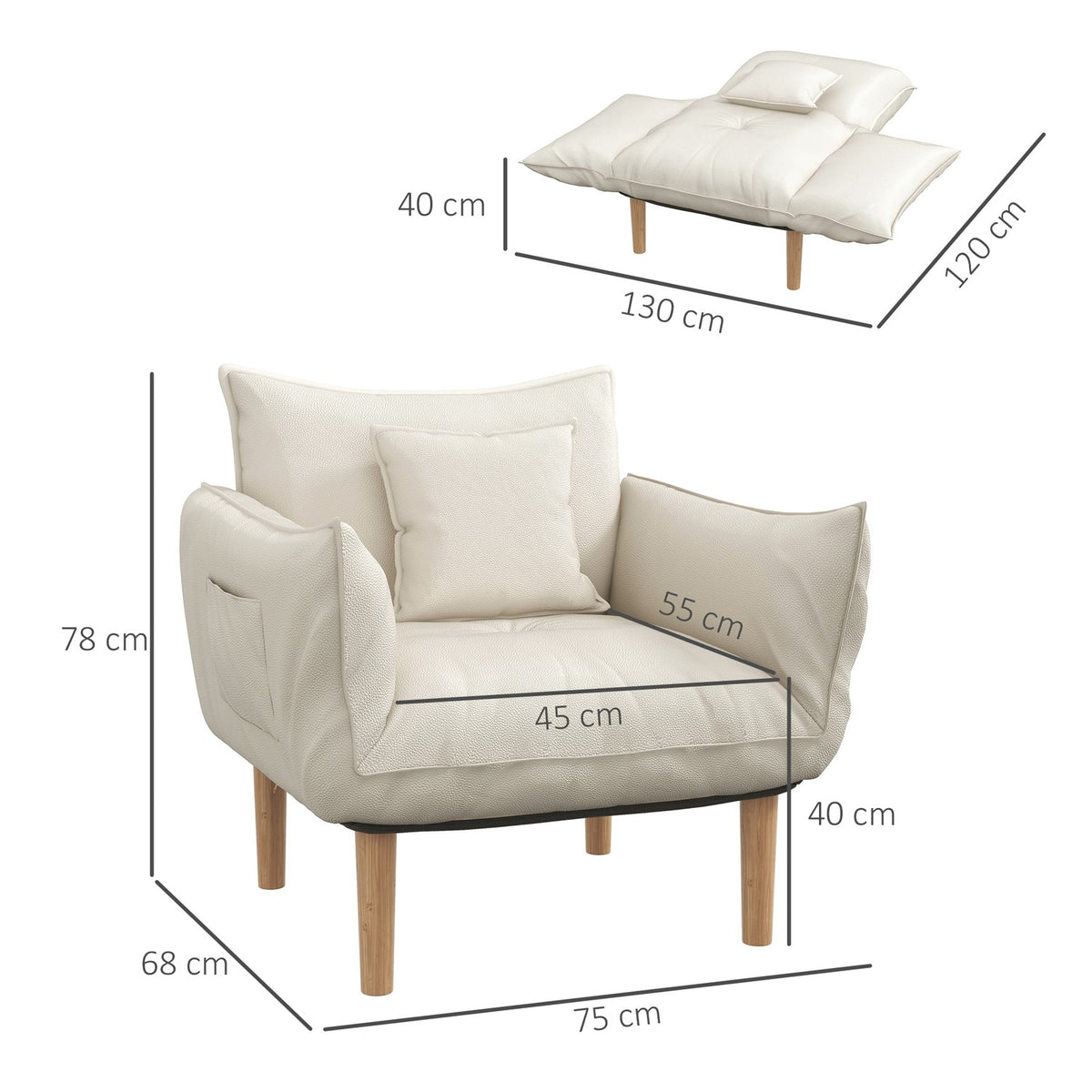 2-in-1 lounge chair, adjustable relaxation chair & accent chair, floor chair with cushion, microfiber cloth, cream, up to 120 kg