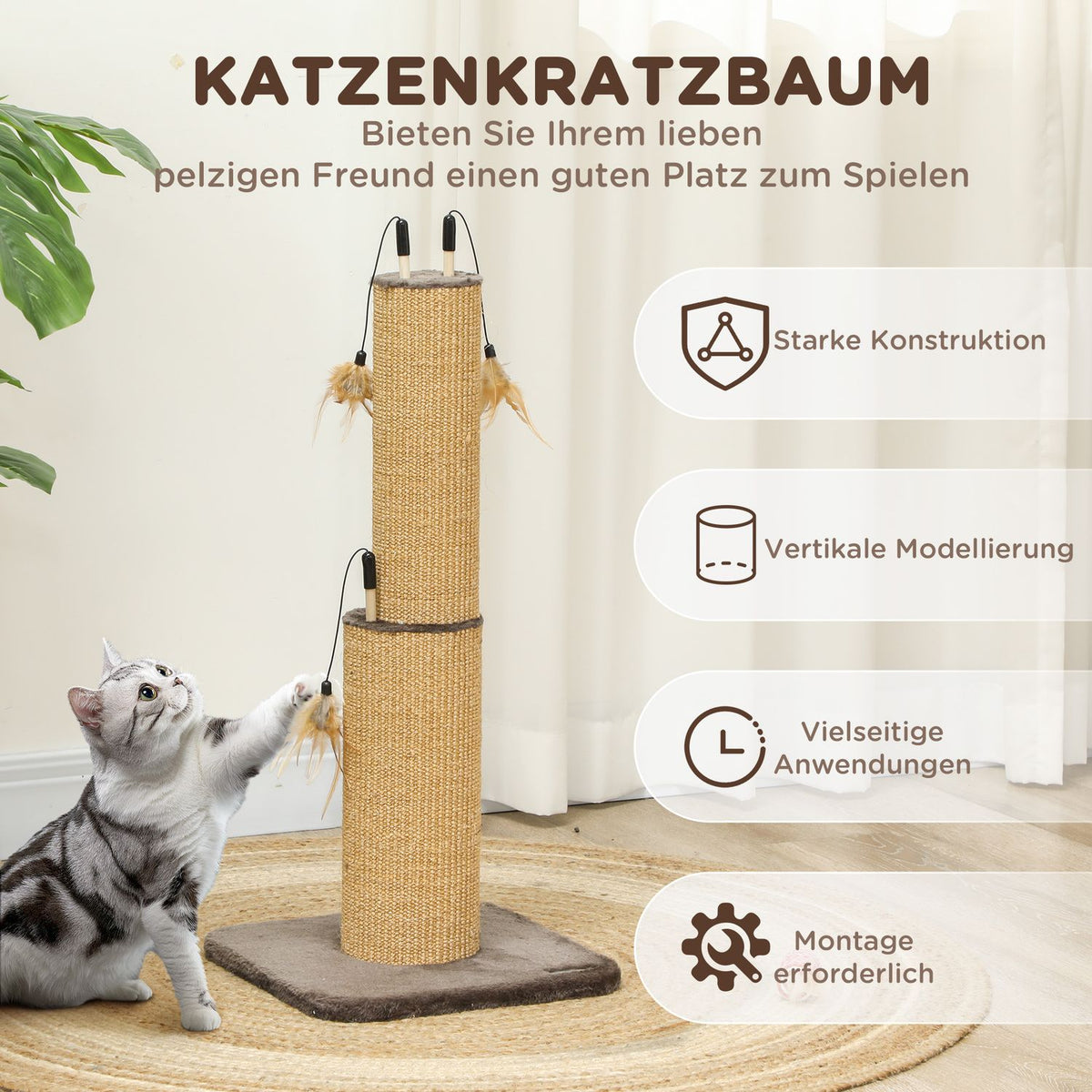 2-in-1 scratching post, 78cm scratching post, jute cat scratching post with spring, scratching post for cats, cat scratching furniture, indoor, brown