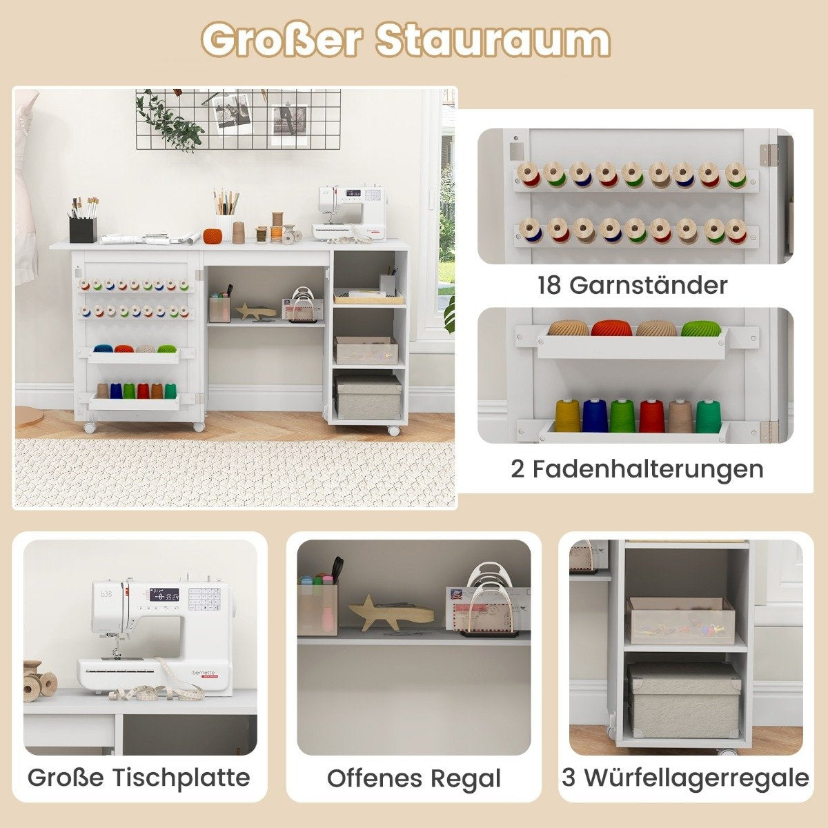 2 in 1 sewing table desk foldable multifunctional sewing machine station with shelves white