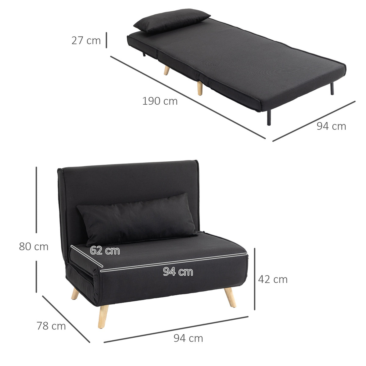2-in-1 sleeping chair, up to 350 kg, sofa bed with bed function, decorative cushions, folding chair with adjustable backrest, linen look