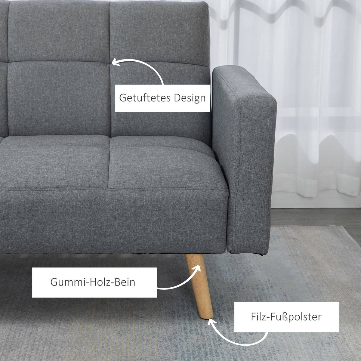 2 in 1 sofa bed 205 x 88 cm sofa with bed function, couch with seat cushion, linen look grey