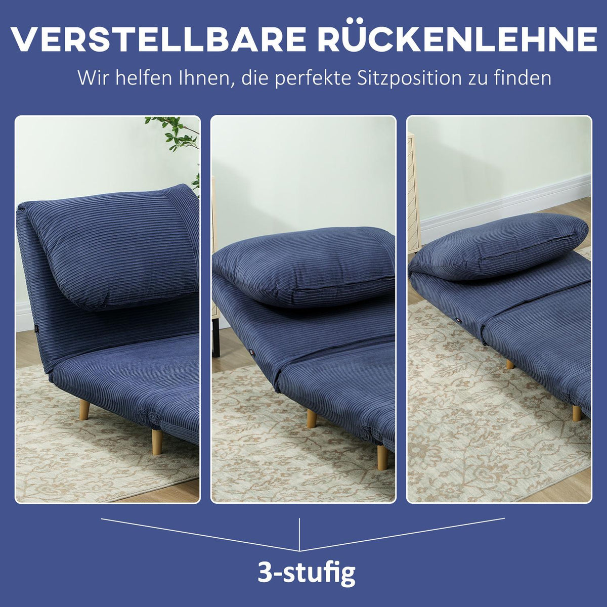 2-in-1 sofa bed, chair bed, adjustable folding mattress, guest bed in corduroy look, for bedroom, living room, blue, 82 x 89 x 83 cm