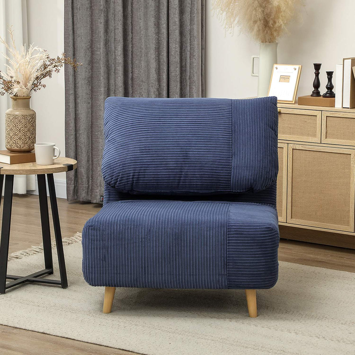 2-in-1 sofa bed, chair bed, adjustable folding mattress, guest bed in corduroy look, for bedroom, living room, blue, 82 x 89 x 83 cm