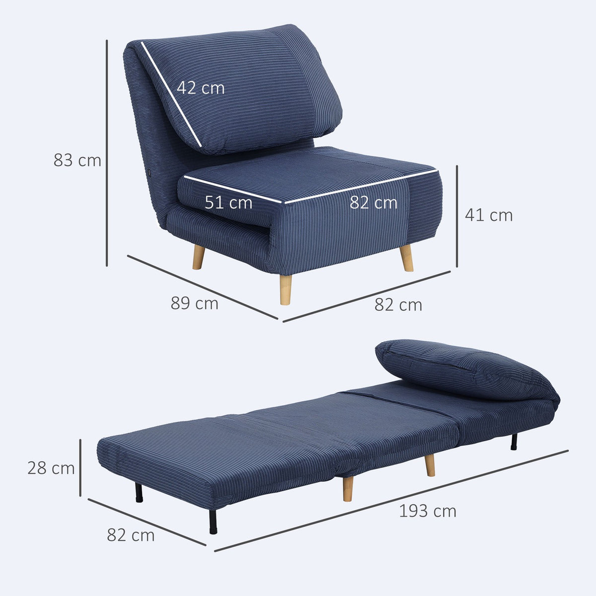 2-in-1 sofa bed, chair bed, adjustable folding mattress, guest bed in corduroy look, for bedroom, living room, blue, 82 x 89 x 83 cm