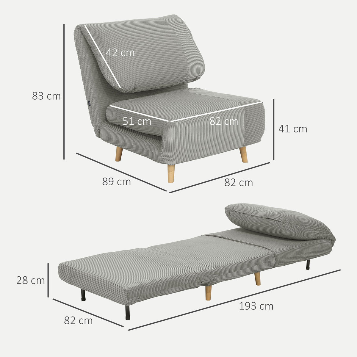 2-in-1 sofa bed, chair bed, adjustable folding mattress, guest bed in corduroy look, for bedroom, living room, gray 82 x 89 x 83 cm