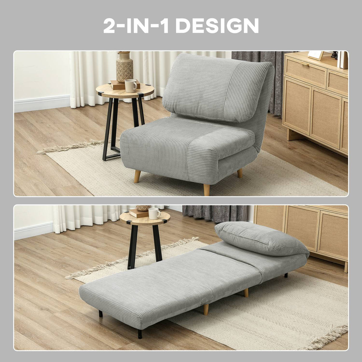 2-in-1 sofa bed, chair bed, adjustable folding mattress, guest bed in corduroy look, for bedroom, living room, gray 82 x 89 x 83 cm