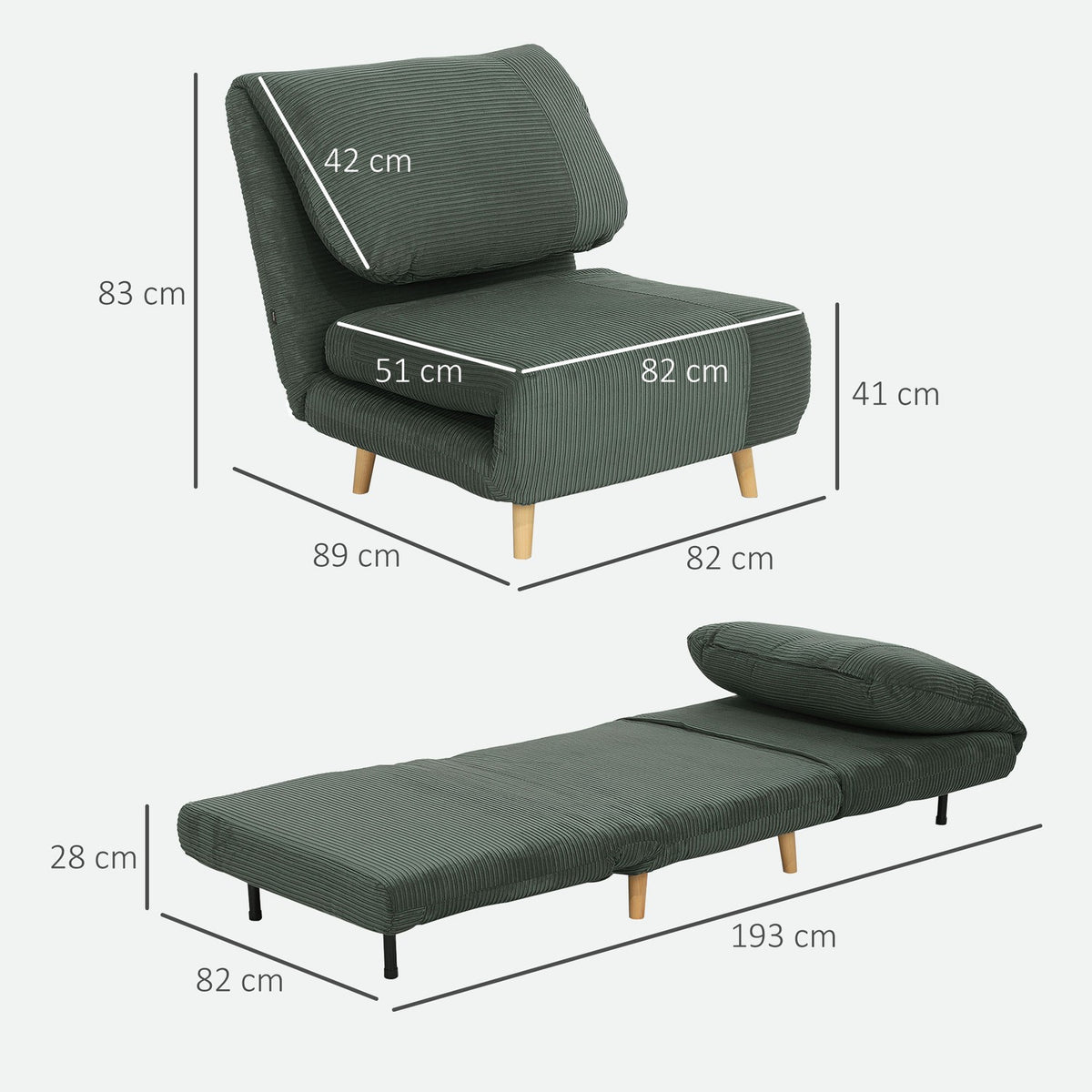 2-in-1 sofa bed, chair bed, adjustable folding mattress, guest bed in corduroy look, for bedroom, living room, green, 82 x 89 x 83 cm
