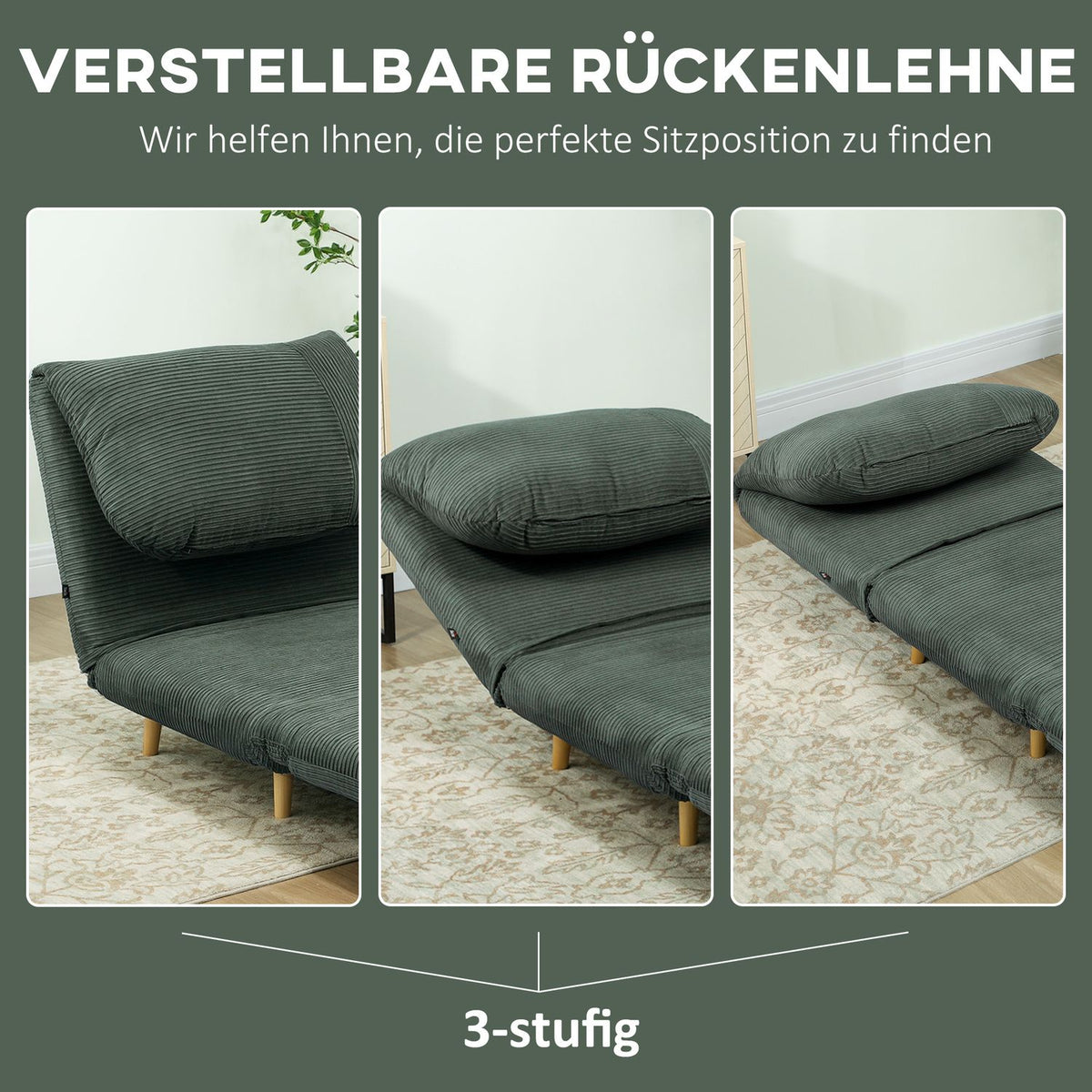 2-in-1 sofa bed, chair bed, adjustable folding mattress, guest bed in corduroy look, for bedroom, living room, green, 82 x 89 x 83 cm