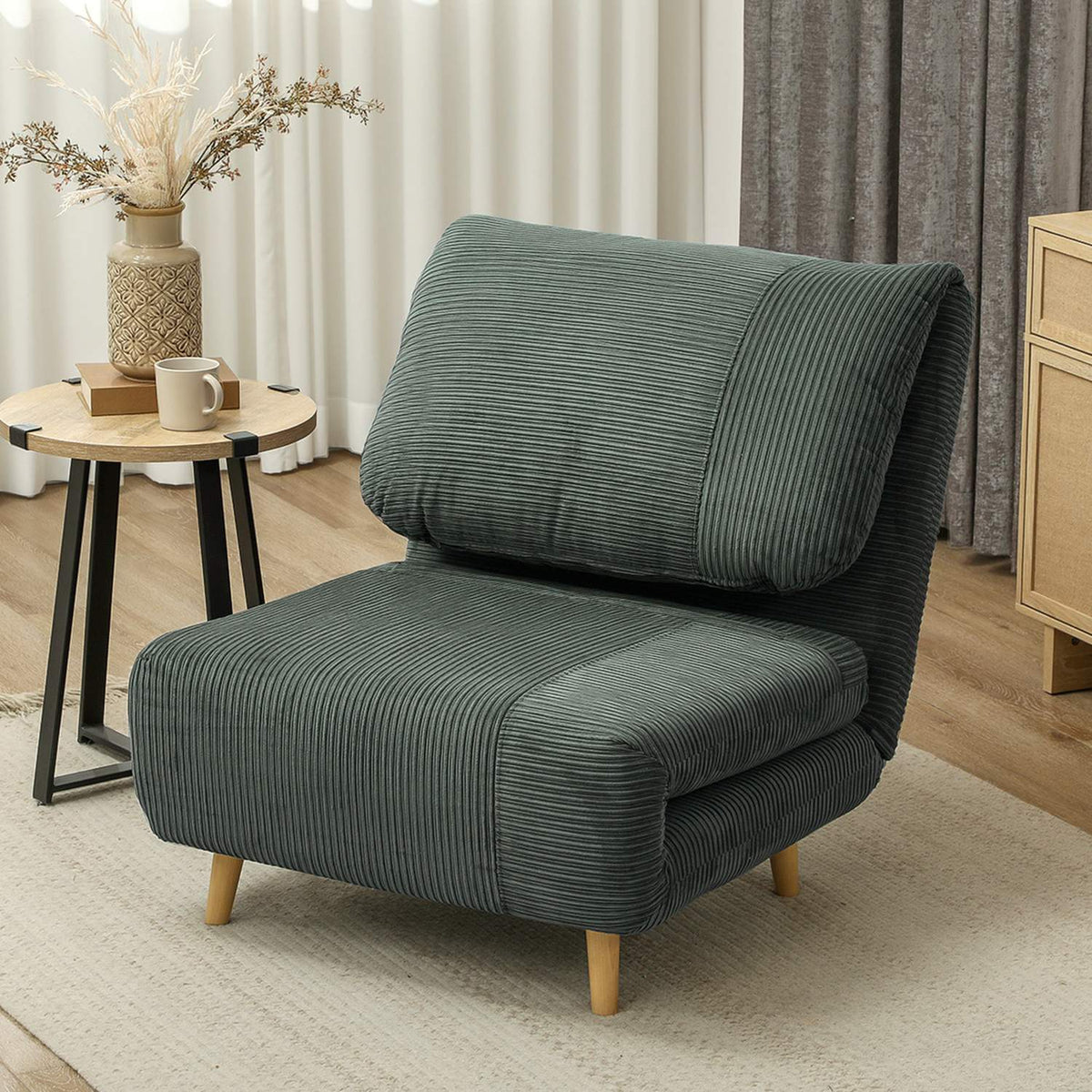 2-in-1 sofa bed, chair bed, adjustable folding mattress, guest bed in corduroy look, for bedroom, living room, green, 82 x 89 x 83 cm