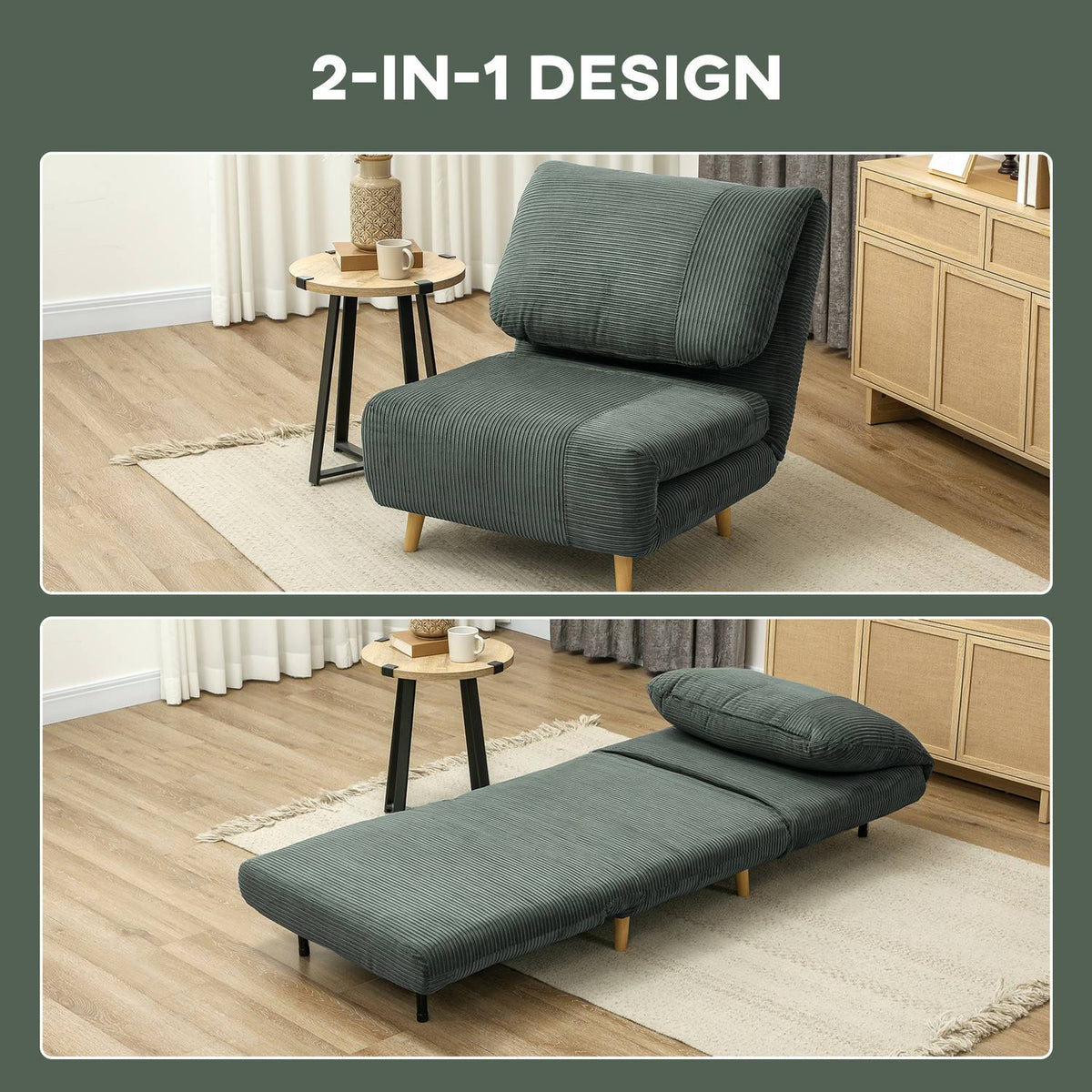 2-in-1 sofa bed, chair bed, adjustable folding mattress, guest bed in corduroy look, for bedroom, living room, green, 82 x 89 x 83 cm