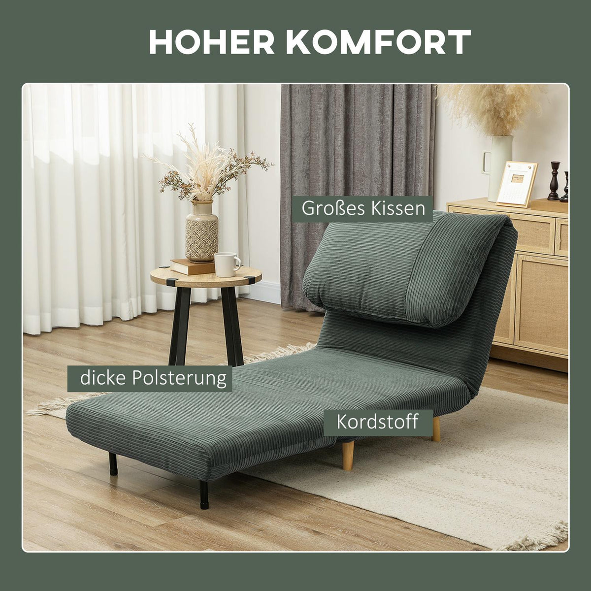 2-in-1 sofa bed, chair bed, adjustable folding mattress, guest bed in corduroy look, for bedroom, living room, green, 82 x 89 x 83 cm