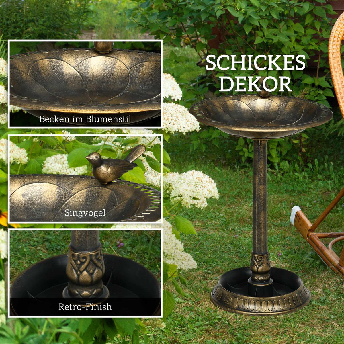 2 in 1 standing bird bath, bird bath made of plastic, frost-proof bird basin, winter-proof water bowl for wild birds, water bowl, water point for garden, terrace, balcony, 50 x 50 x 72 cm, bronze