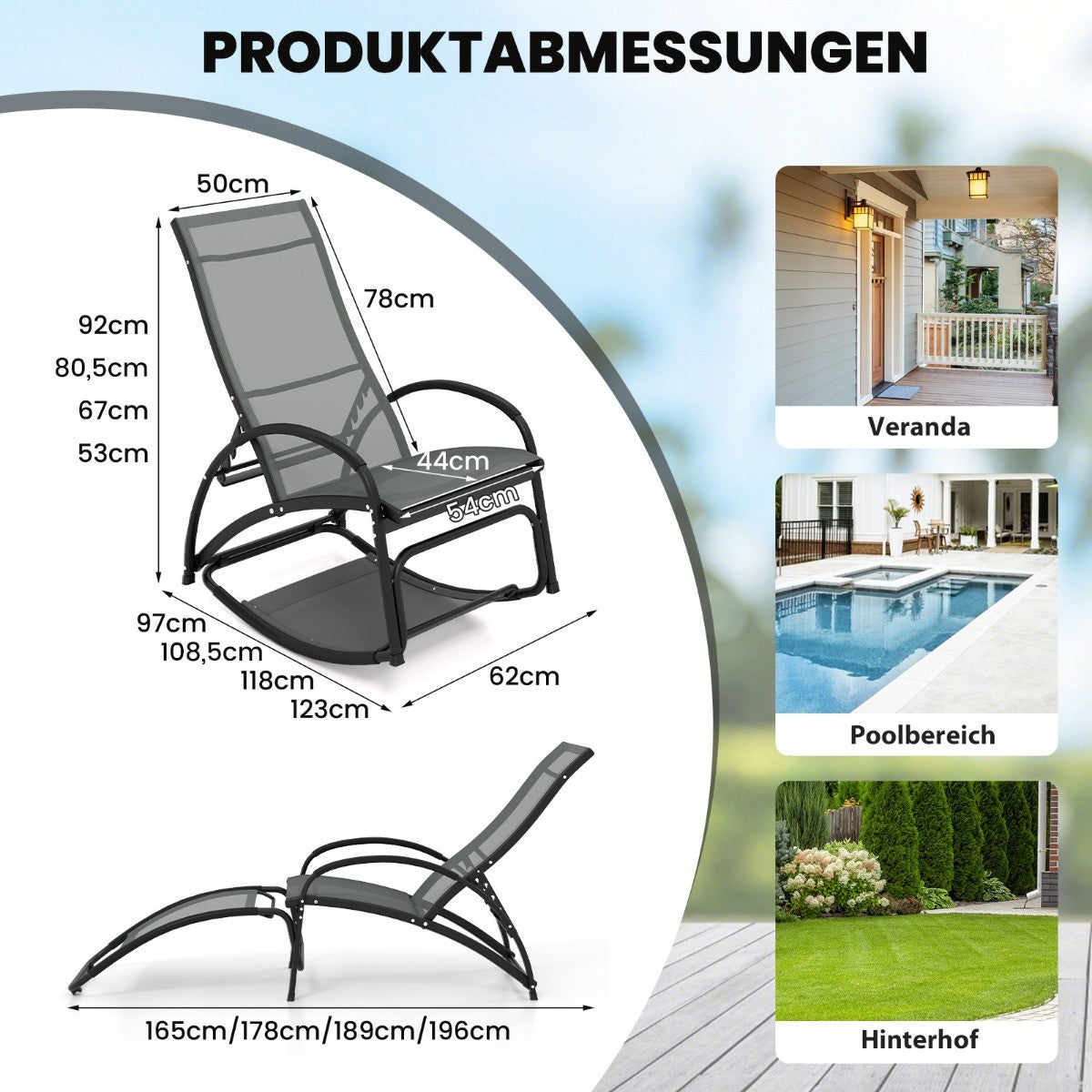 2 in 1 sun lounger convertible rocking chair with adjustable backrest and curved armrests gray