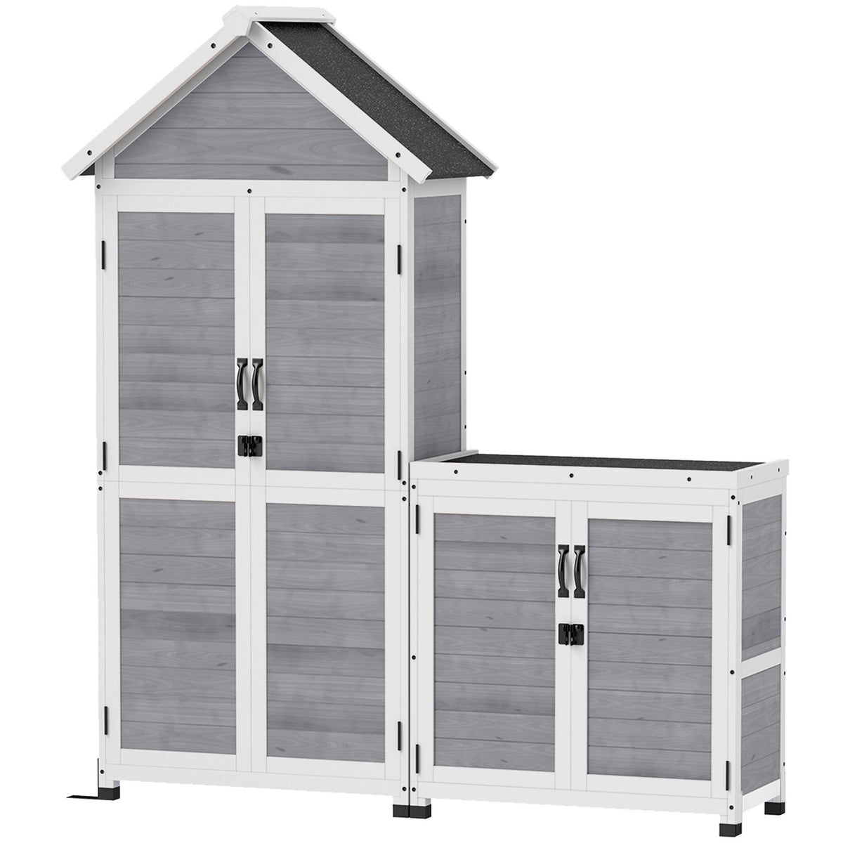 2 in 1 wooden garden cupboard, tool shed with storage cupboard, lockable door, gable roof shelf, 89x51x182cm, weatherproof tool cupboard, tool shed for garden, terrace, light gray |