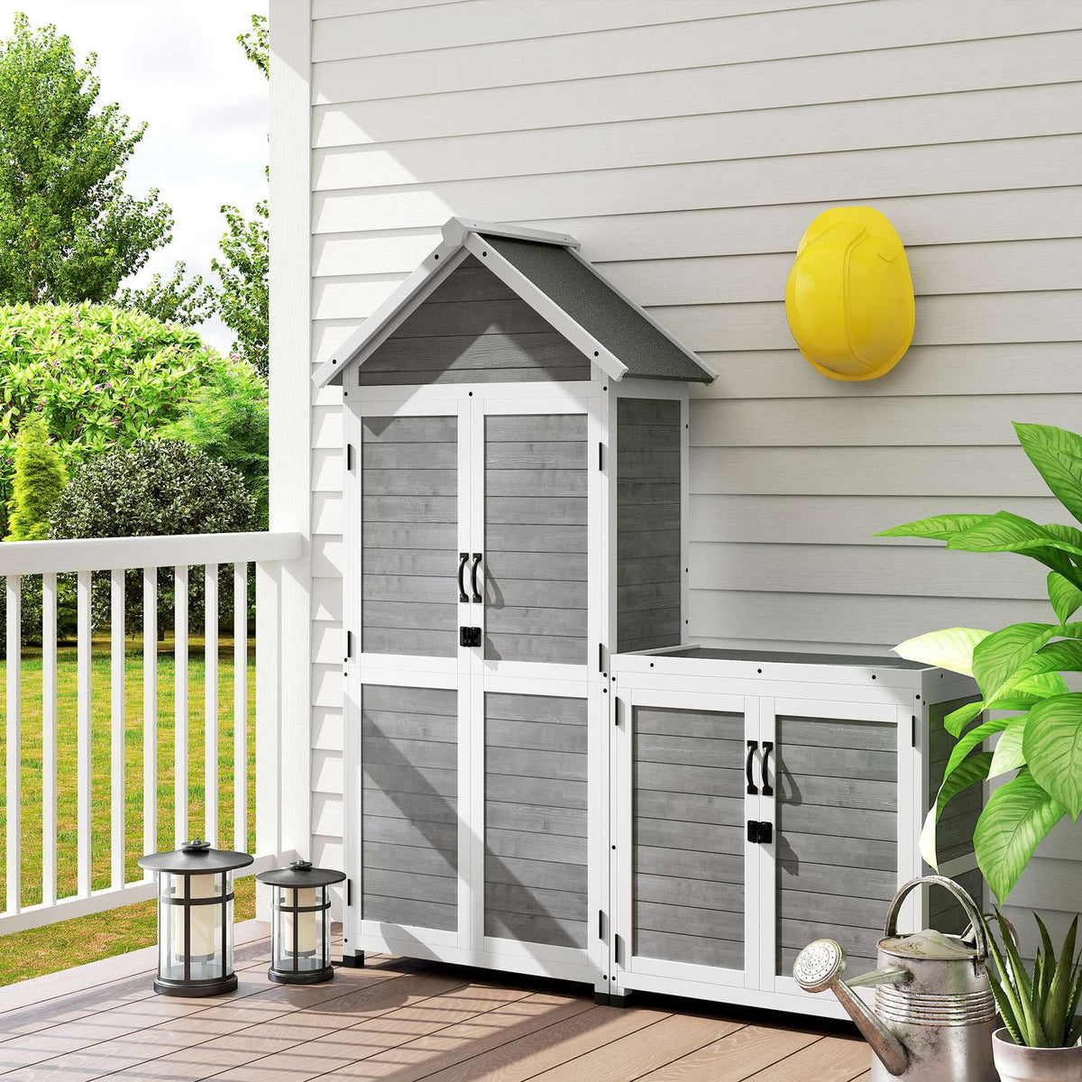 2 in 1 wooden garden cupboard, tool shed with storage cupboard, lockable door, gable roof shelf, 89x51x182cm, weatherproof tool cupboard, tool shed for garden, terrace, light gray |