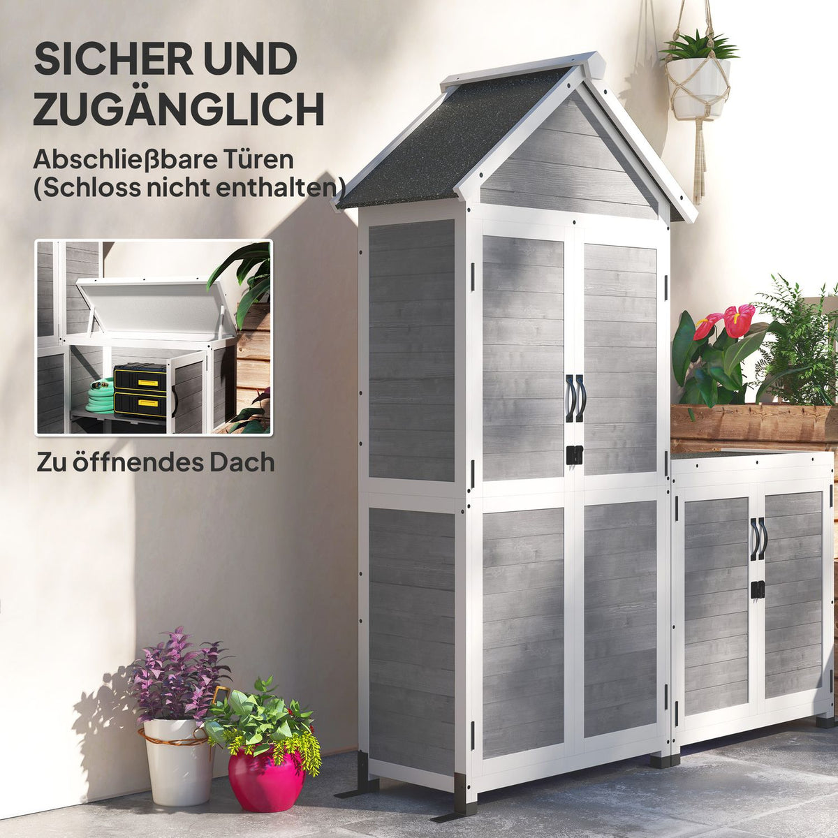 2 in 1 wooden garden cupboard, tool shed with storage cupboard, lockable door, gable roof shelf, 89x51x182cm, weatherproof tool cupboard, tool shed for garden, terrace, light gray |