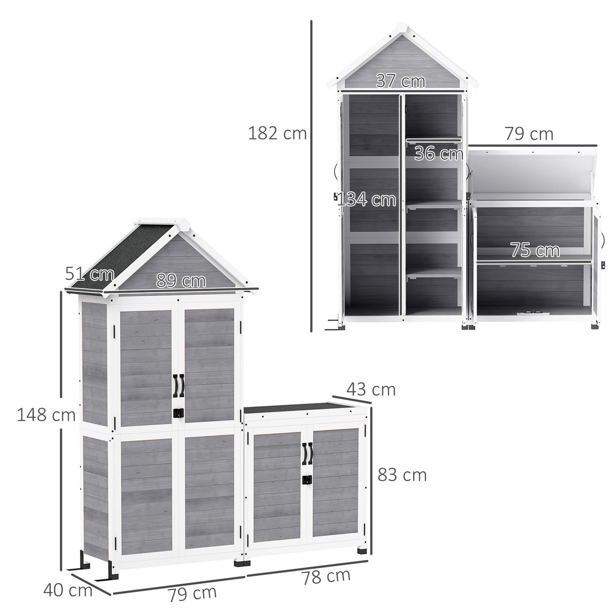 2 in 1 wooden garden cupboard, tool shed with storage cupboard, lockable door, gable roof shelf, 89x51x182cm, weatherproof tool cupboard, tool shed for garden, terrace, light gray |
