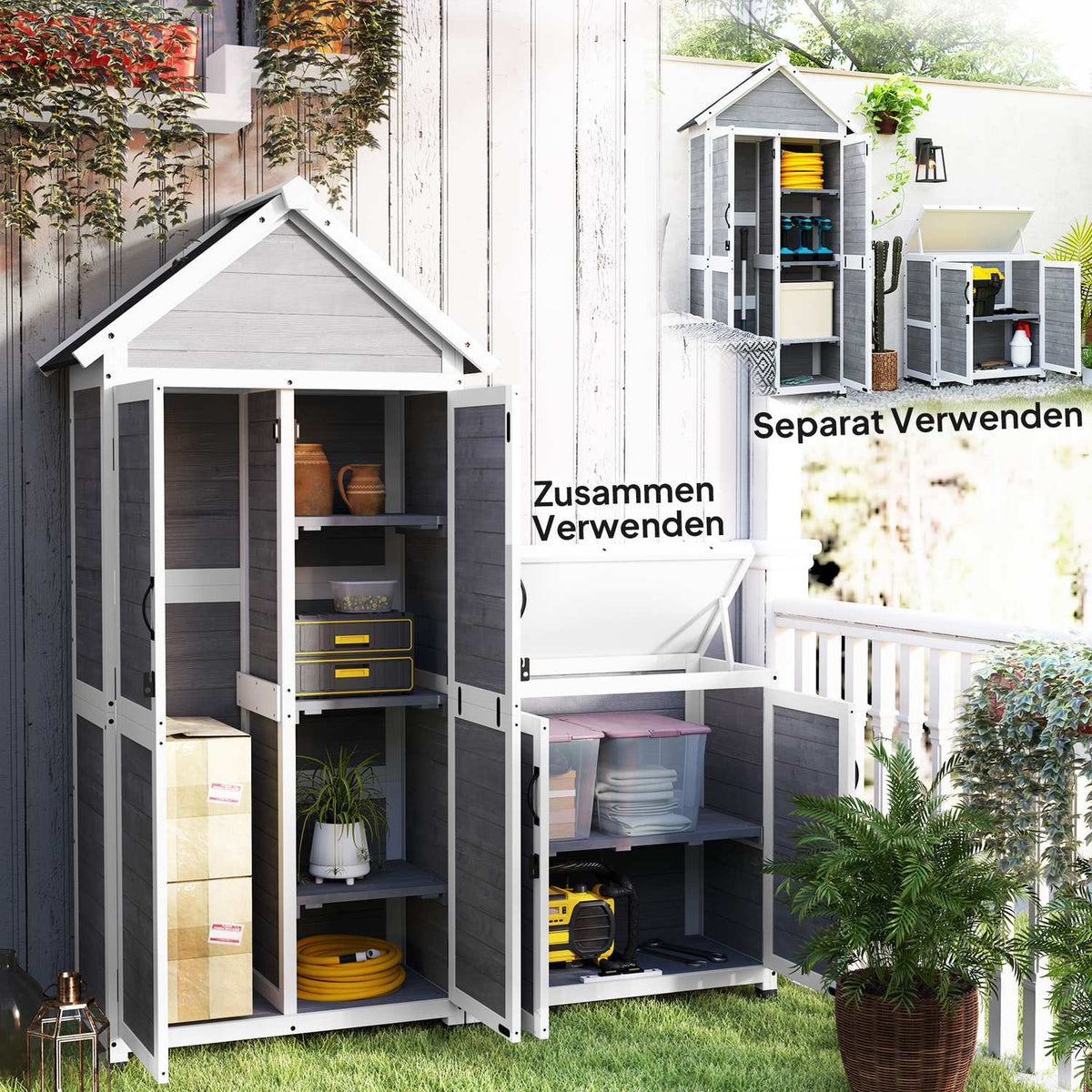 2 in 1 wooden garden cupboard, tool shed with storage cupboard, lockable door, gable roof shelf, 89x51x182cm, weatherproof tool cupboard, tool shed for garden, terrace, light gray |