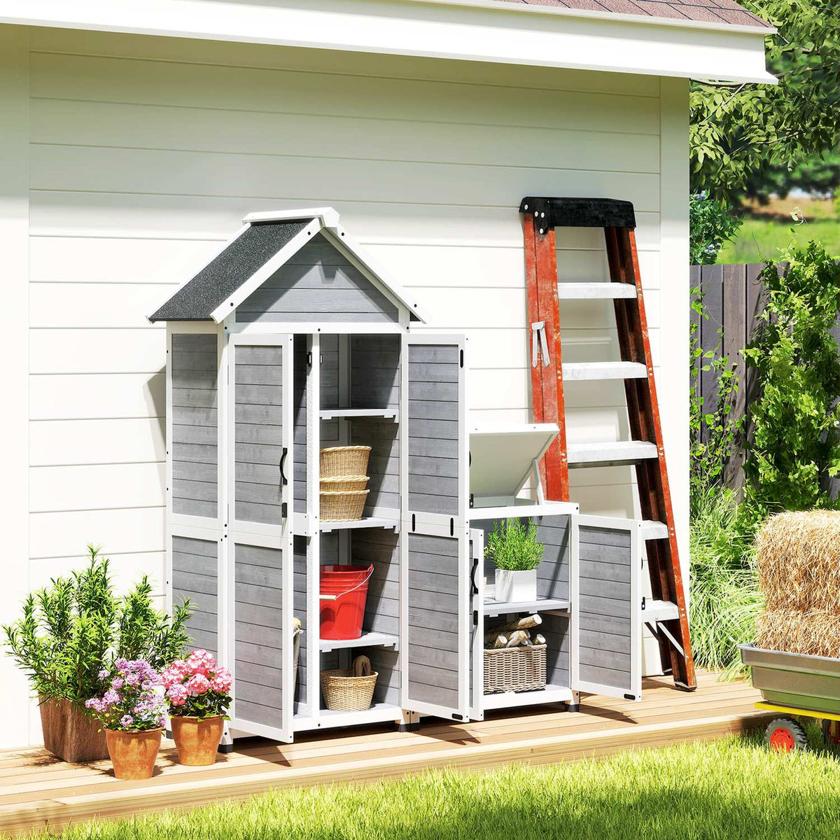 2 in 1 wooden garden cupboard, tool shed with storage cupboard, lockable door, gable roof shelf, 89x51x182cm, weatherproof tool cupboard, tool shed for garden, terrace, light gray |