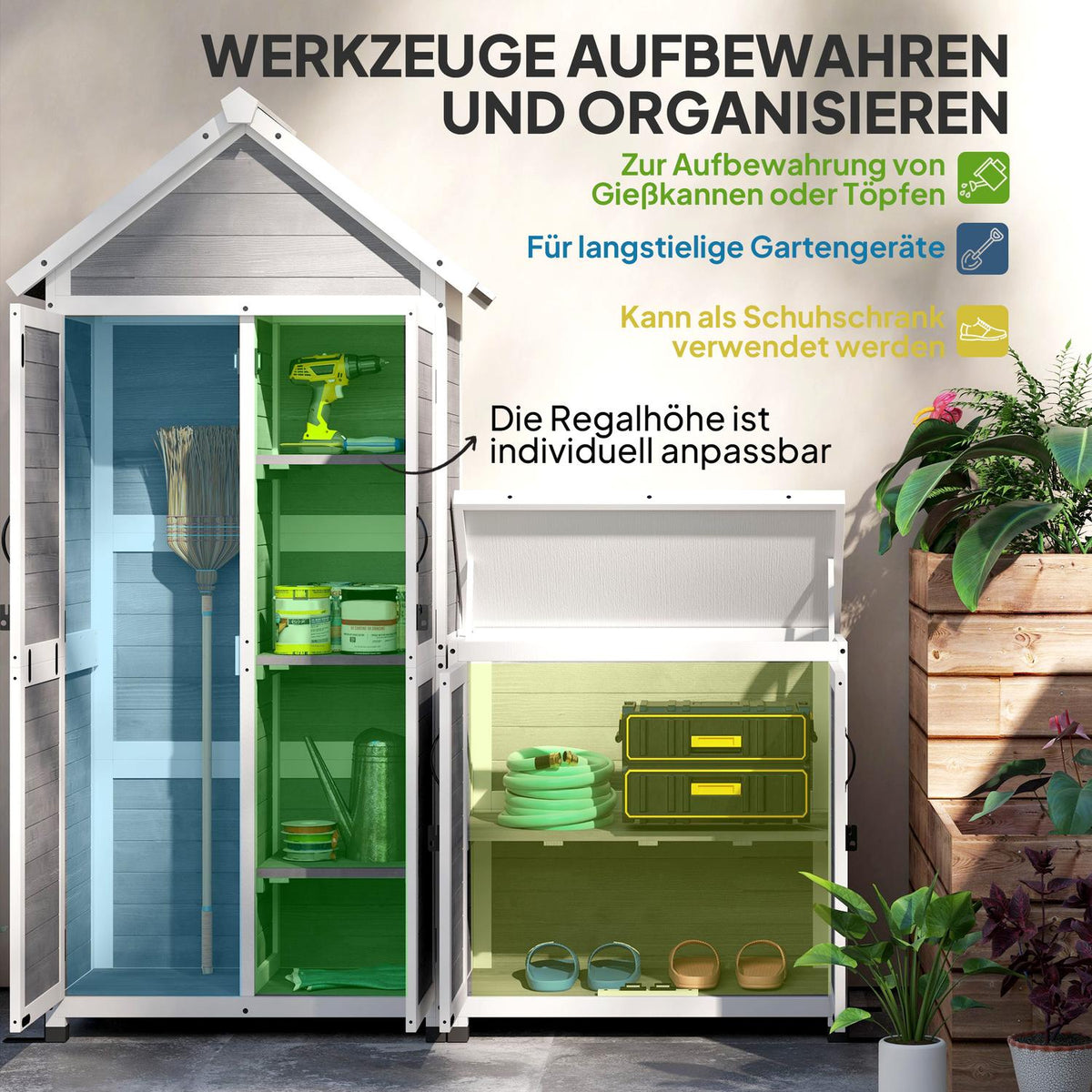 2 in 1 wooden garden cupboard, tool shed with storage cupboard, lockable door, gable roof shelf, 89x51x182cm, weatherproof tool cupboard, tool shed for garden, terrace, light gray |