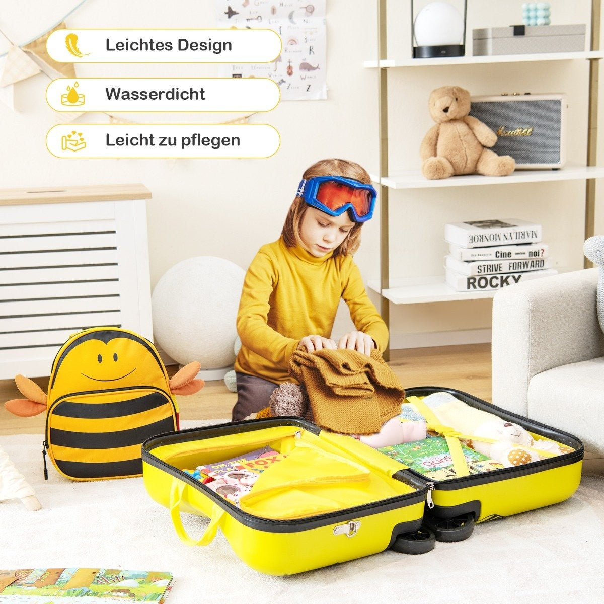 2-piece children's suitcase + backpack 47 cm long ride-on suitcase and 30 cm wide backpack yellow