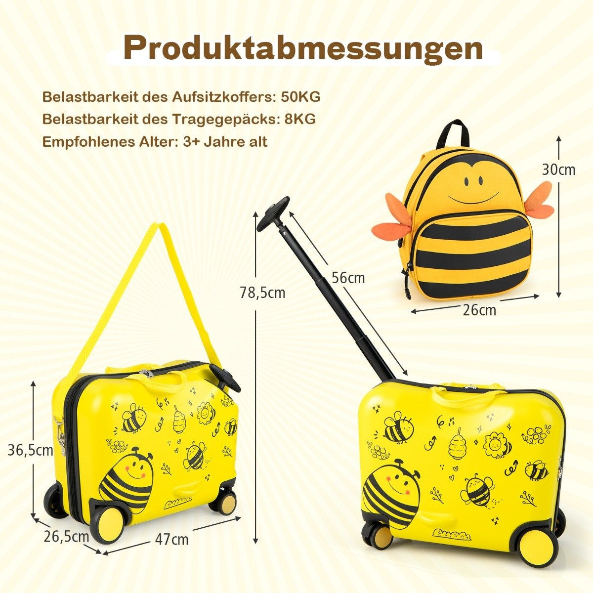 2-piece children's suitcase + backpack 47 cm long ride-on suitcase and 30 cm wide backpack yellow