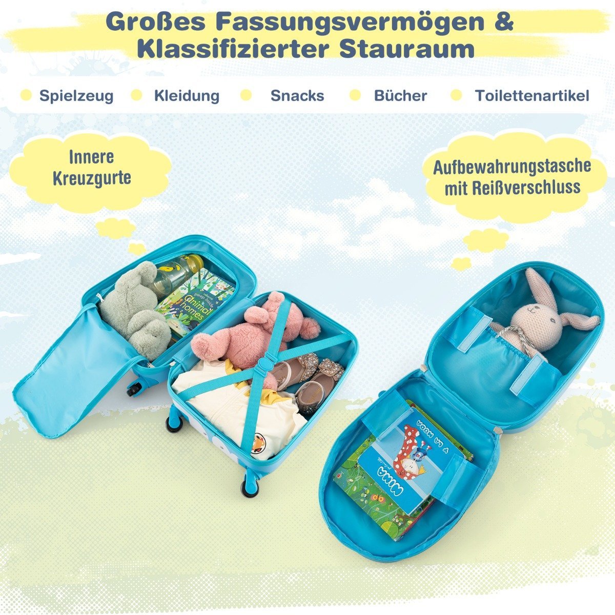 2-piece children's suitcase + backpack made of plastic children's trolley children's luggage 12"+16" blue horse