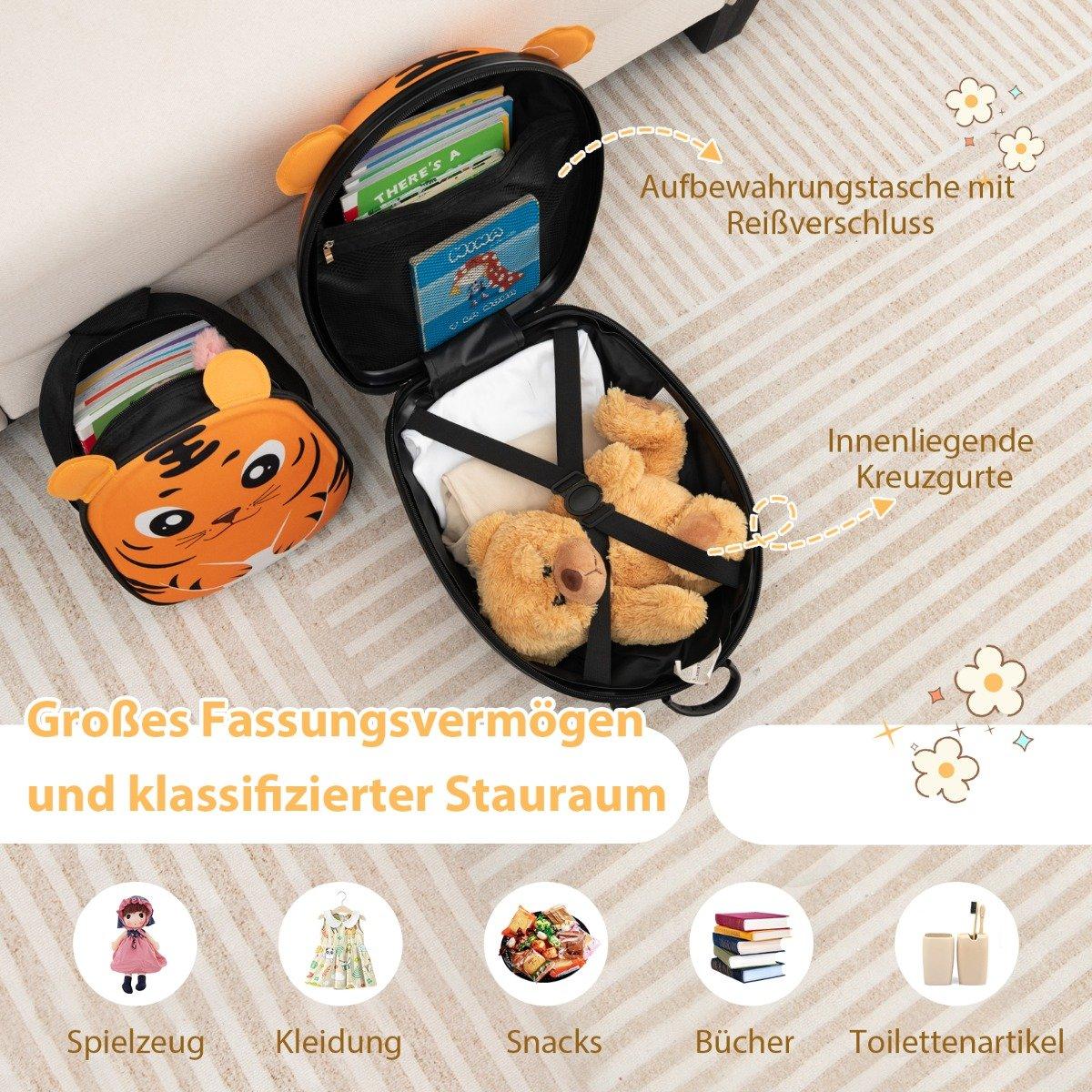 2-piece children's suitcase & backpack with wheels & 3-stage telescopic handle 12"+16" children's trolley Tiger