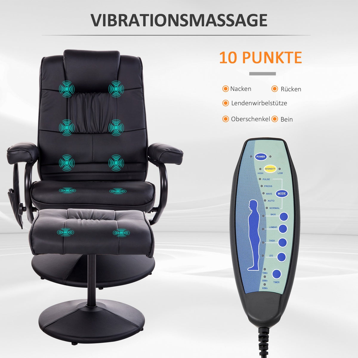 2-piece massage chair TV chair with reclining function, 360° rotatable, 10 massage points, remote control, imitation leather, W77 x D84 x H95 cm, black