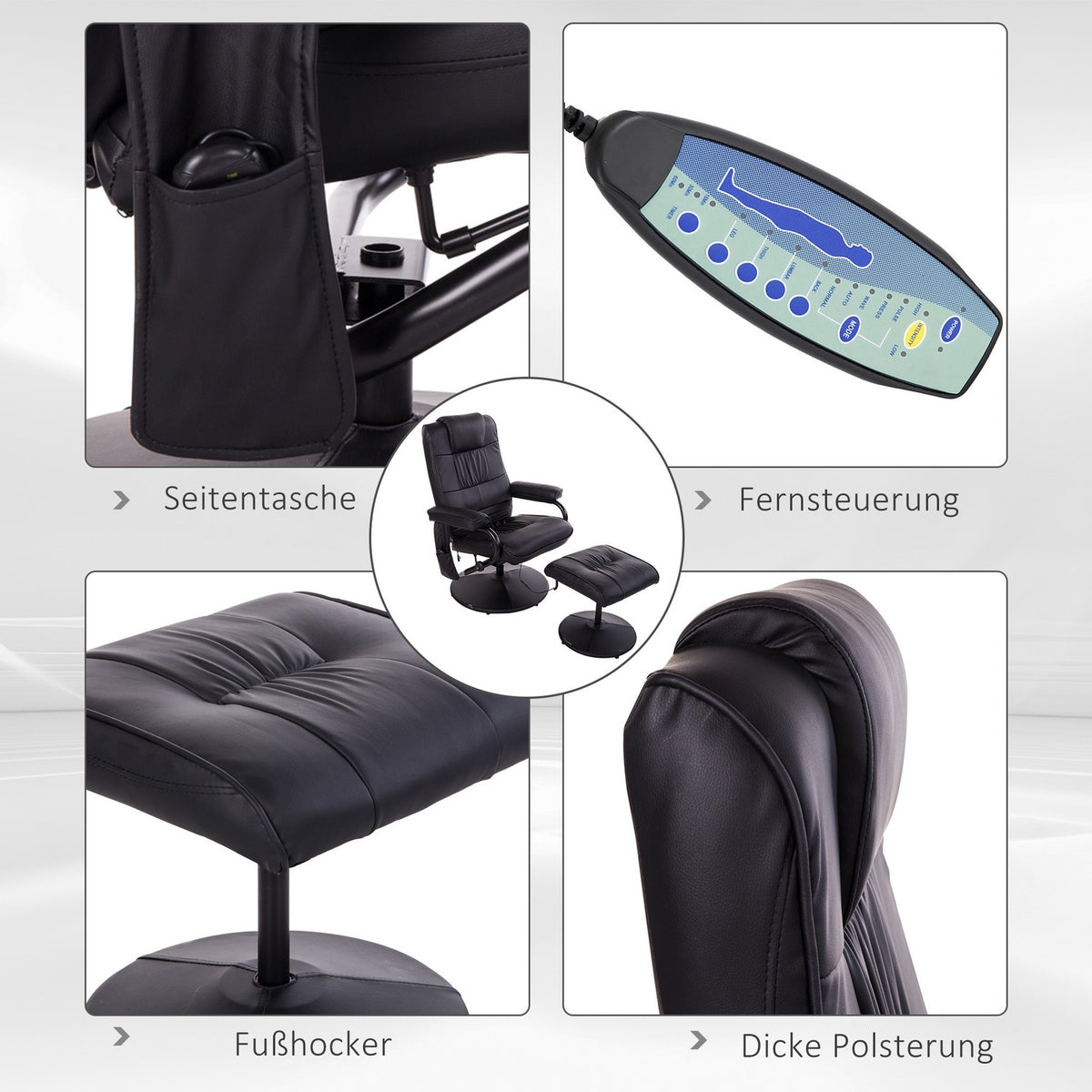 2-piece massage chair TV chair with reclining function, 360° rotatable, 10 massage points, remote control, imitation leather, W77 x D84 x H95 cm, black