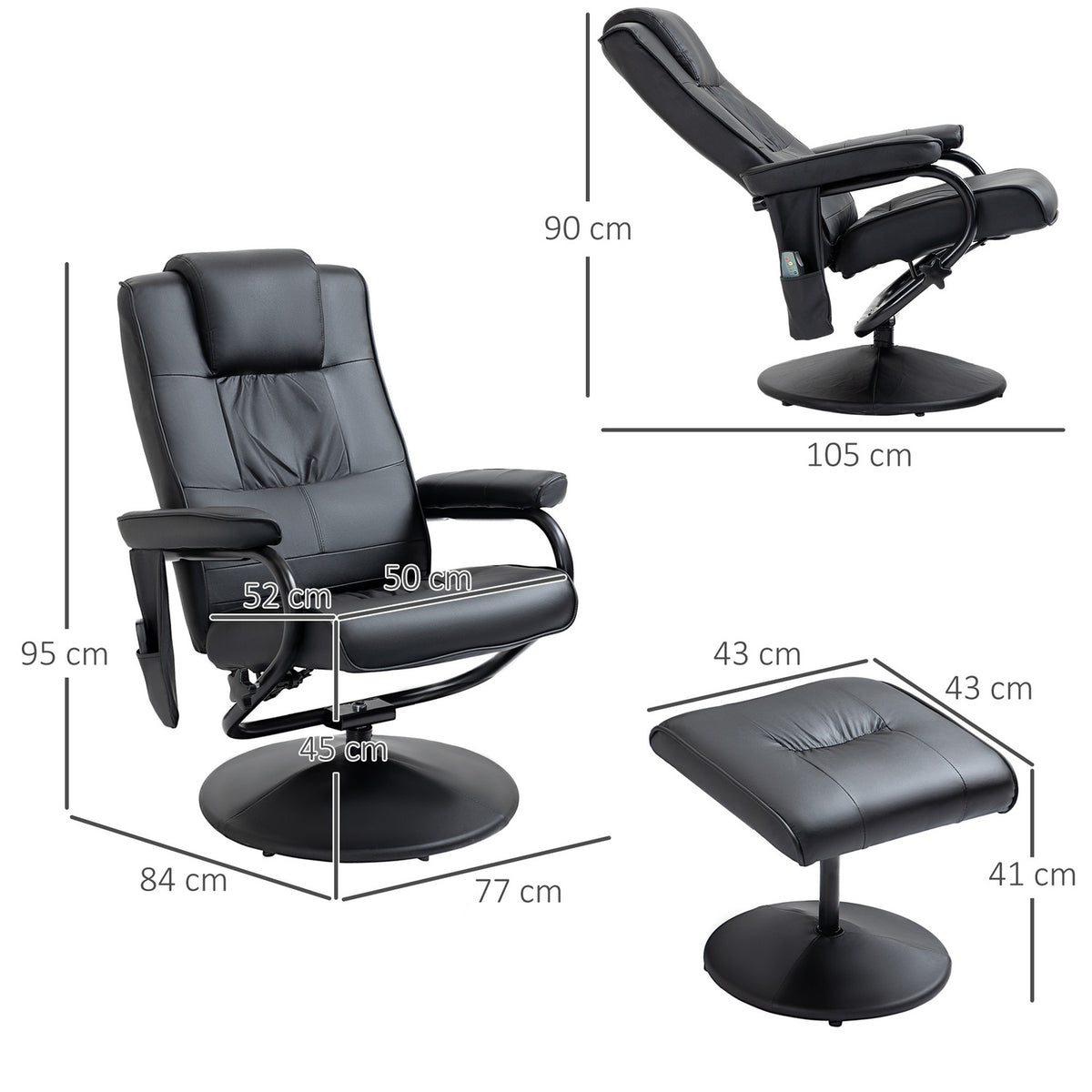 2-piece massage chair TV chair with reclining function, 360° rotatable, 10 massage points, remote control, imitation leather, W77 x D84 x H95 cm, black