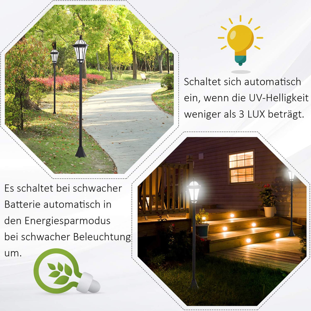 2-piece solar street light LED, IP44, ABS, Ø18.5 x H129 cm, energy saving mode, waterproof, garden light with stainless steel, black