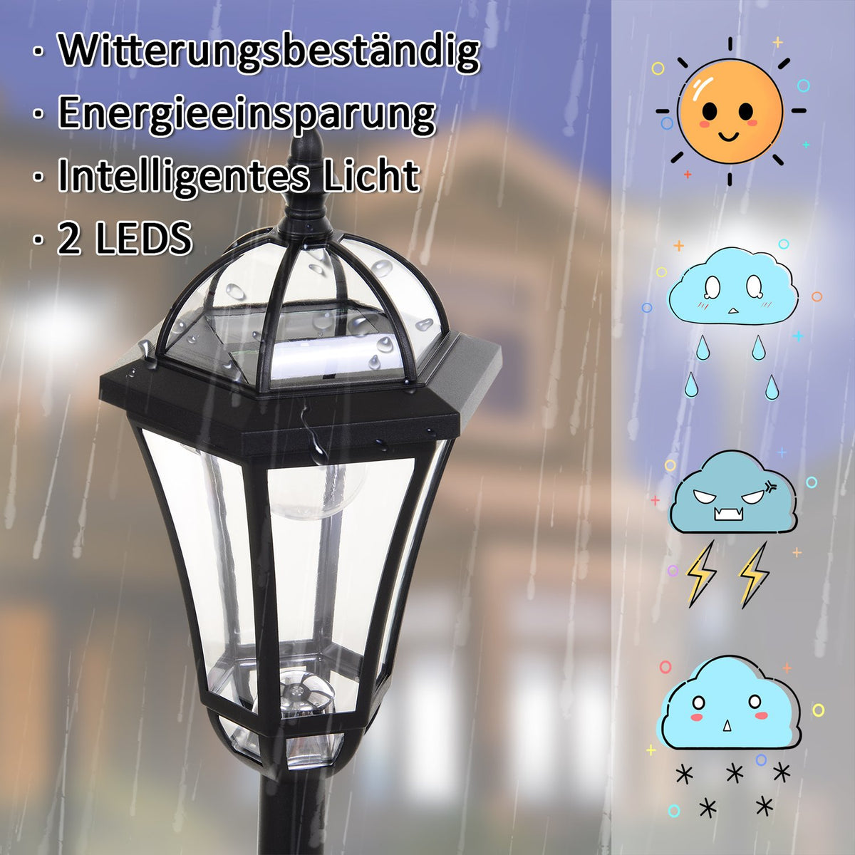 2-piece solar street light LED, IP44, ABS, Ø18.5 x H129 cm, energy saving mode, waterproof, garden light with stainless steel, black
