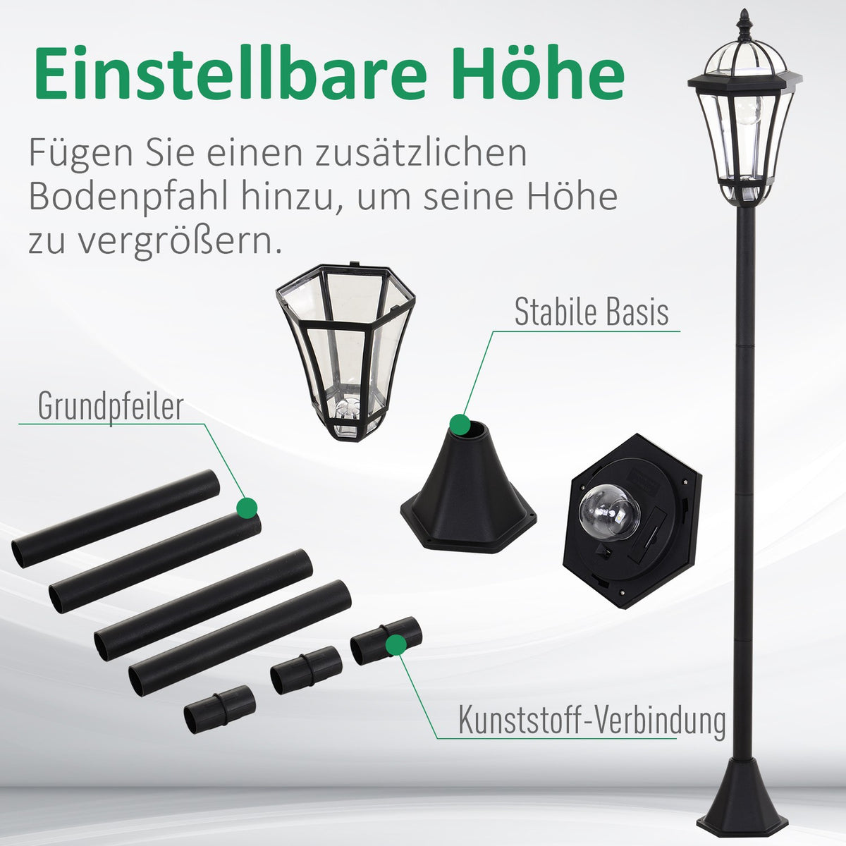 2-piece solar street light LED, IP44, ABS, Ø18.5 x H129 cm, energy saving mode, waterproof, garden light with stainless steel, black