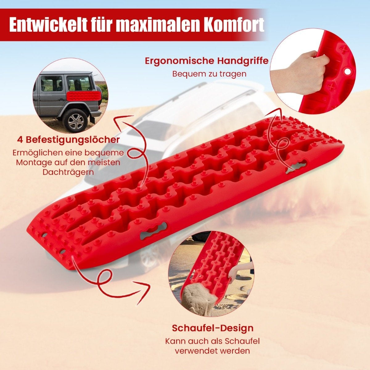 2 pieces traction aid sand sheets off-road tire ladder for sand/mud/snow 107 x 31 x 7 cm red