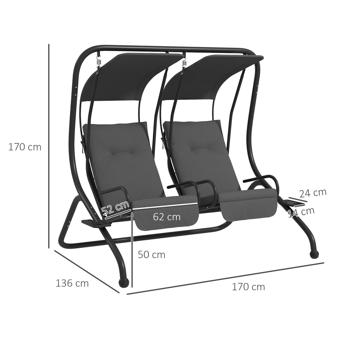 2-seater Hollywood swing garden swing with sun canopy gray 170 x 136 x 170 cm, sturdy steel construction for garden & terrace