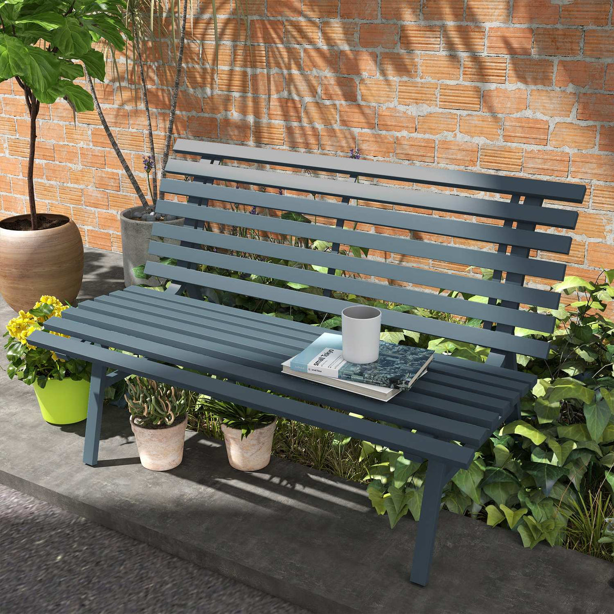 2-seater aluminum garden bench, weatherproof bench, UV-resistant garden furniture with slat design, park bench 240kg load capacity, balcony bench for balcony terrace, garden, 123x67x79cm, blue