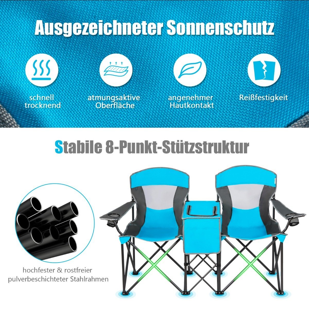 2-seater camping chair with sun protection mini table folding fishing chair with carry bag 166 x 71 x 151 cm blue