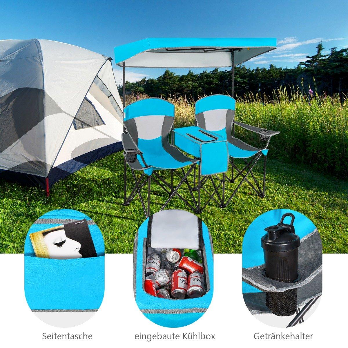 2-seater camping chair with sun protection mini table folding fishing chair with carry bag 166 x 71 x 151 cm blue