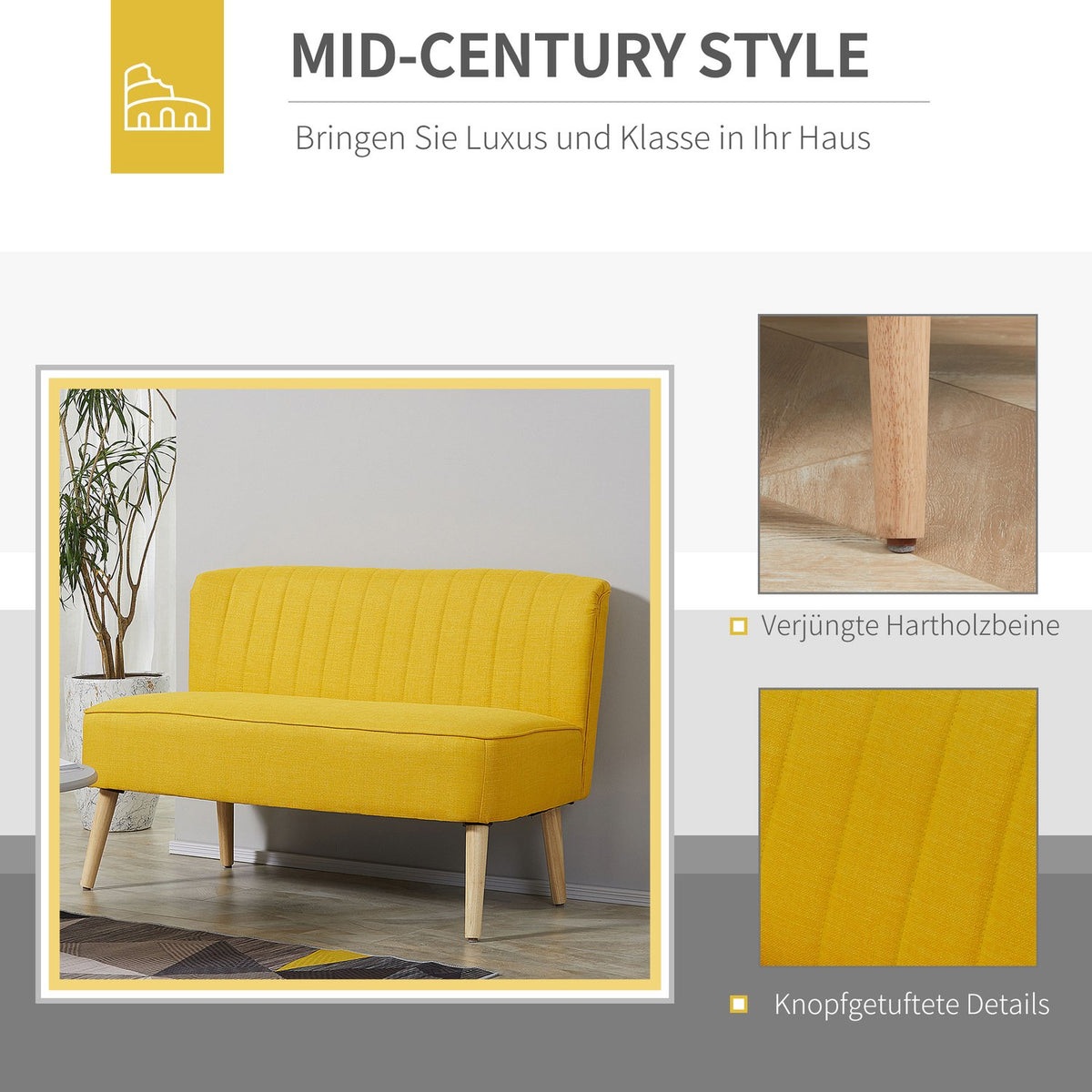 2-seater fabric sofa upholstered sofa seating lounge sofa wood foam yellow 117 x 56.5 x 77 cm