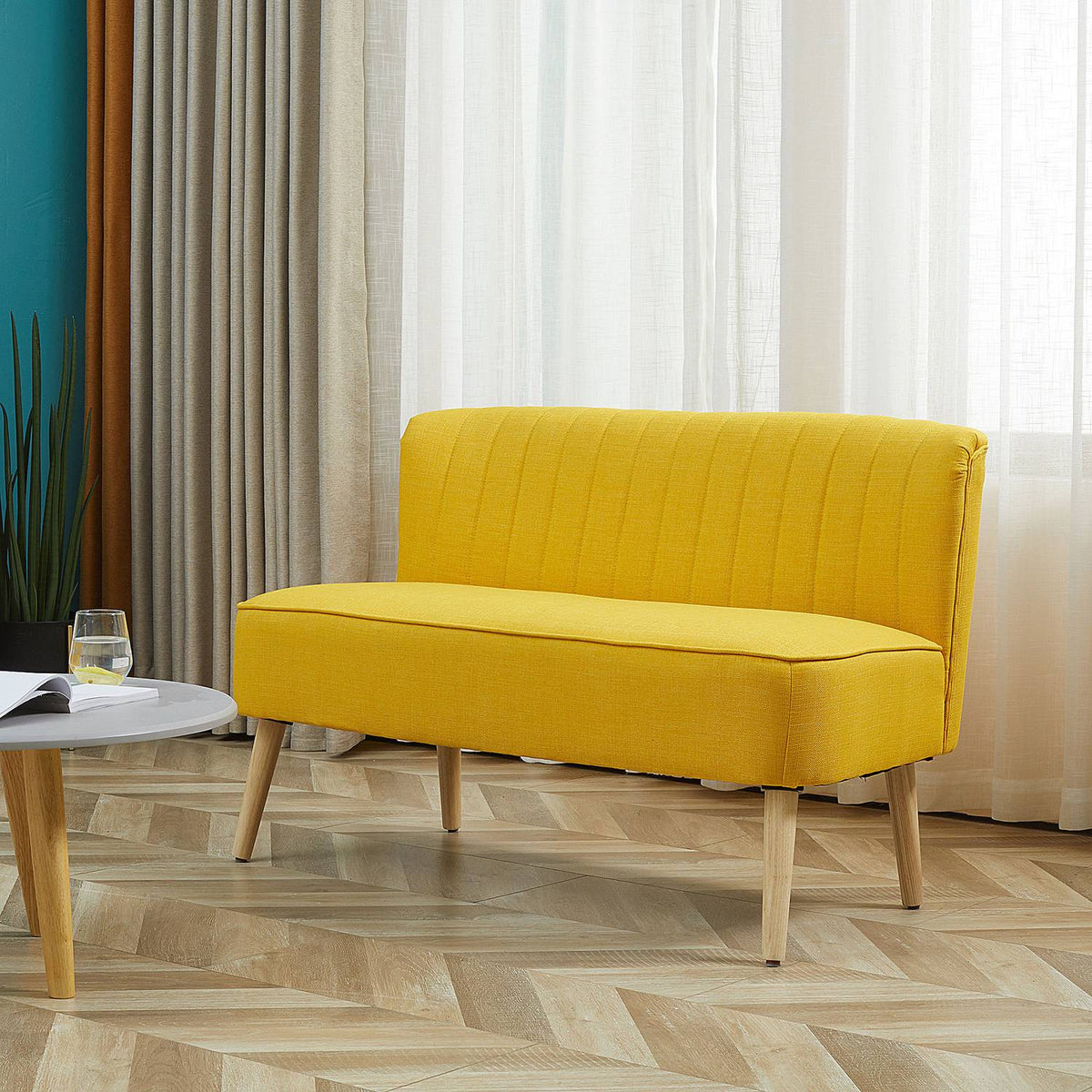 2-seater fabric sofa upholstered sofa seating lounge sofa wood foam yellow 117 x 56.5 x 77 cm