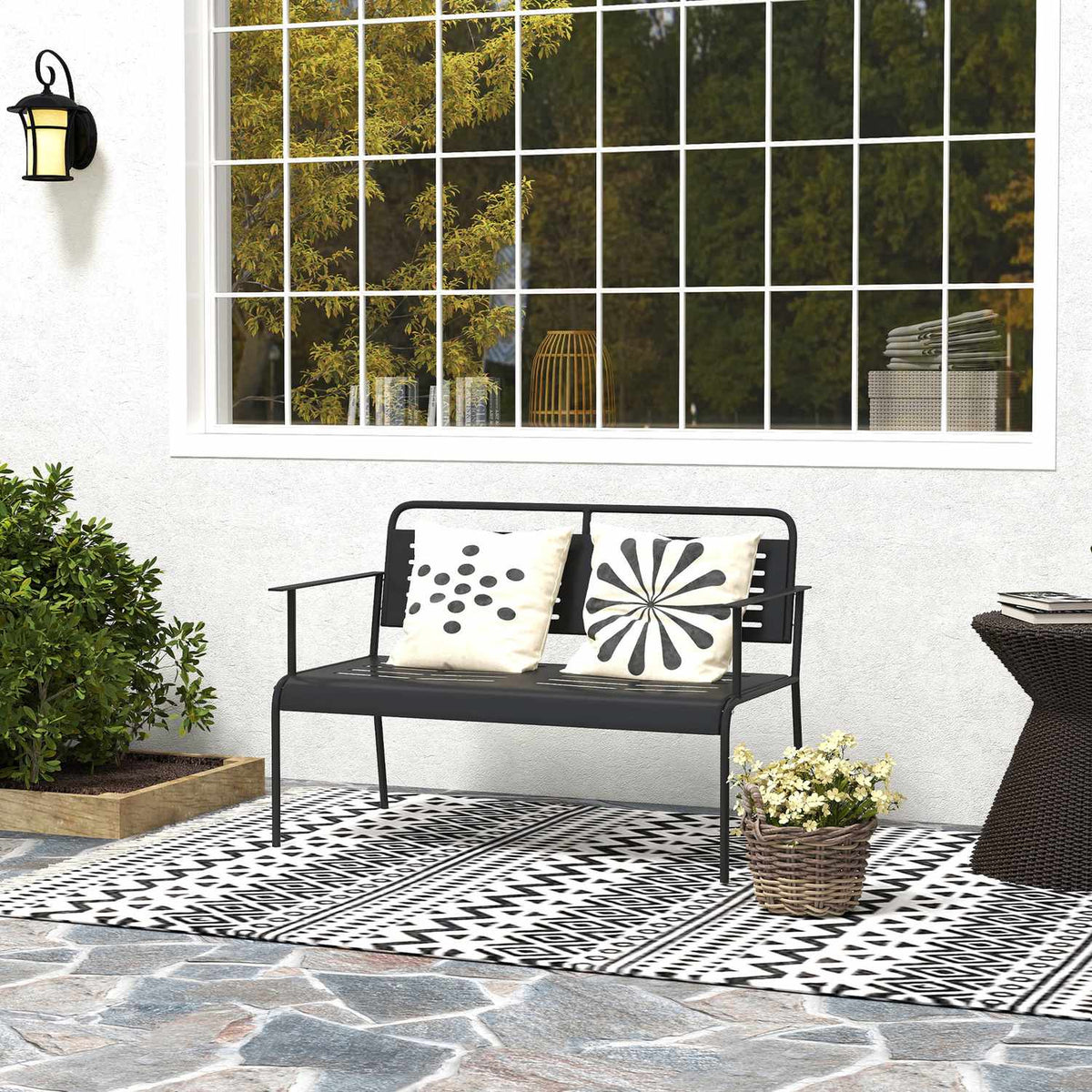 2-seater garden bench, bench with slat design, water-repellent garden furniture with back and armrests, park bench 240kg load capacity, balcony bench for terrace, garden, 121 x 64 x 84cm, black |
