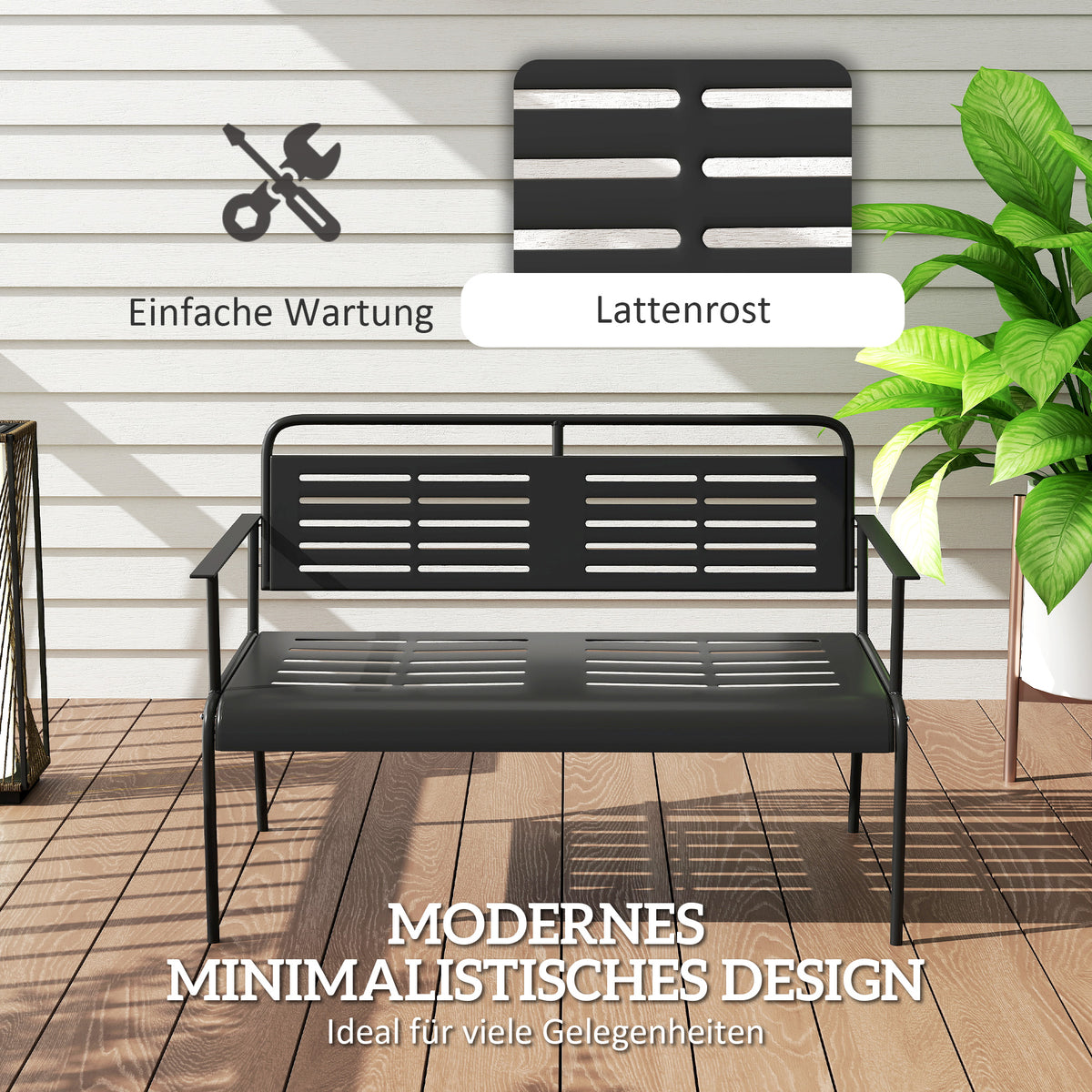 2-seater garden bench, bench with slat design, water-repellent garden furniture with back and armrests, park bench 240kg load capacity, balcony bench for terrace, garden, 121 x 64 x 84cm, black |