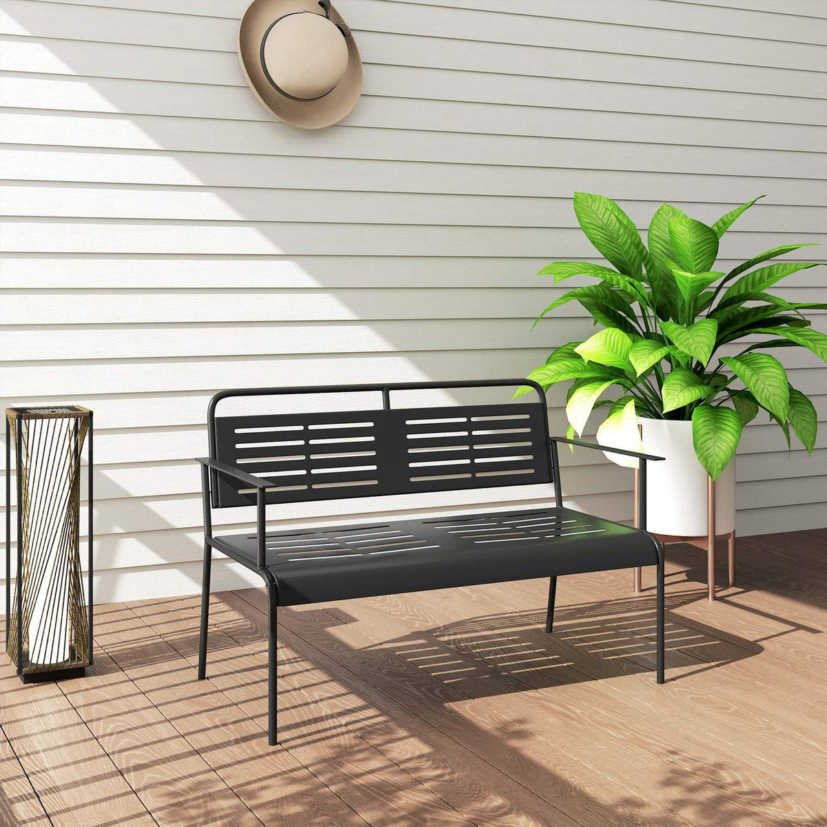 2-seater garden bench, bench with slat design, water-repellent garden furniture with back and armrests, park bench 240kg load capacity, balcony bench for terrace, garden, 121 x 64 x 84cm, black |