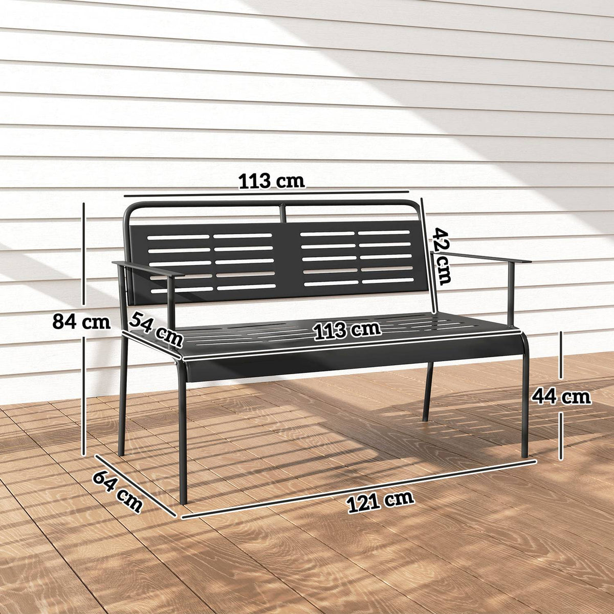 2-seater garden bench, bench with slat design, water-repellent garden furniture with back and armrests, park bench 240kg load capacity, balcony bench for terrace, garden, 121 x 64 x 84cm, black |
