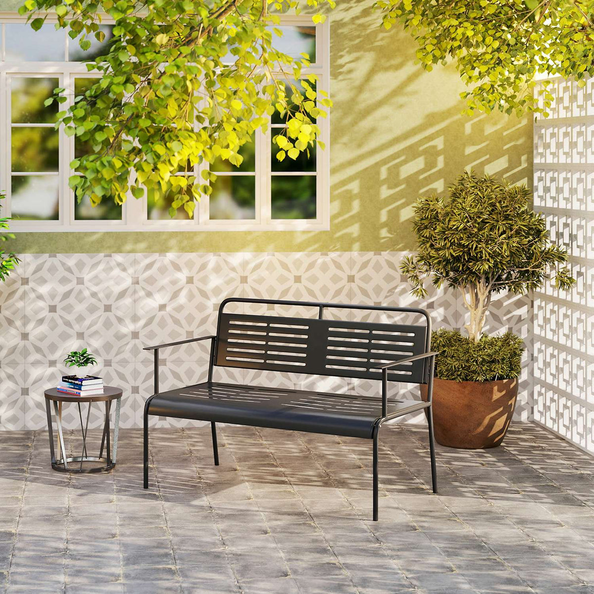 2-seater garden bench, bench with slat design, water-repellent garden furniture with back and armrests, park bench 240kg load capacity, balcony bench for terrace, garden, 121 x 64 x 84cm, black |
