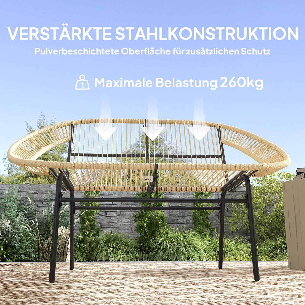 2-seater garden bench polyrattan, weatherproof bench in rattan weave design, UV-resistant garden furniture with backrests, park bench 260kg load capacity, for balcony terrace, garden 126x72x83cm, khaki