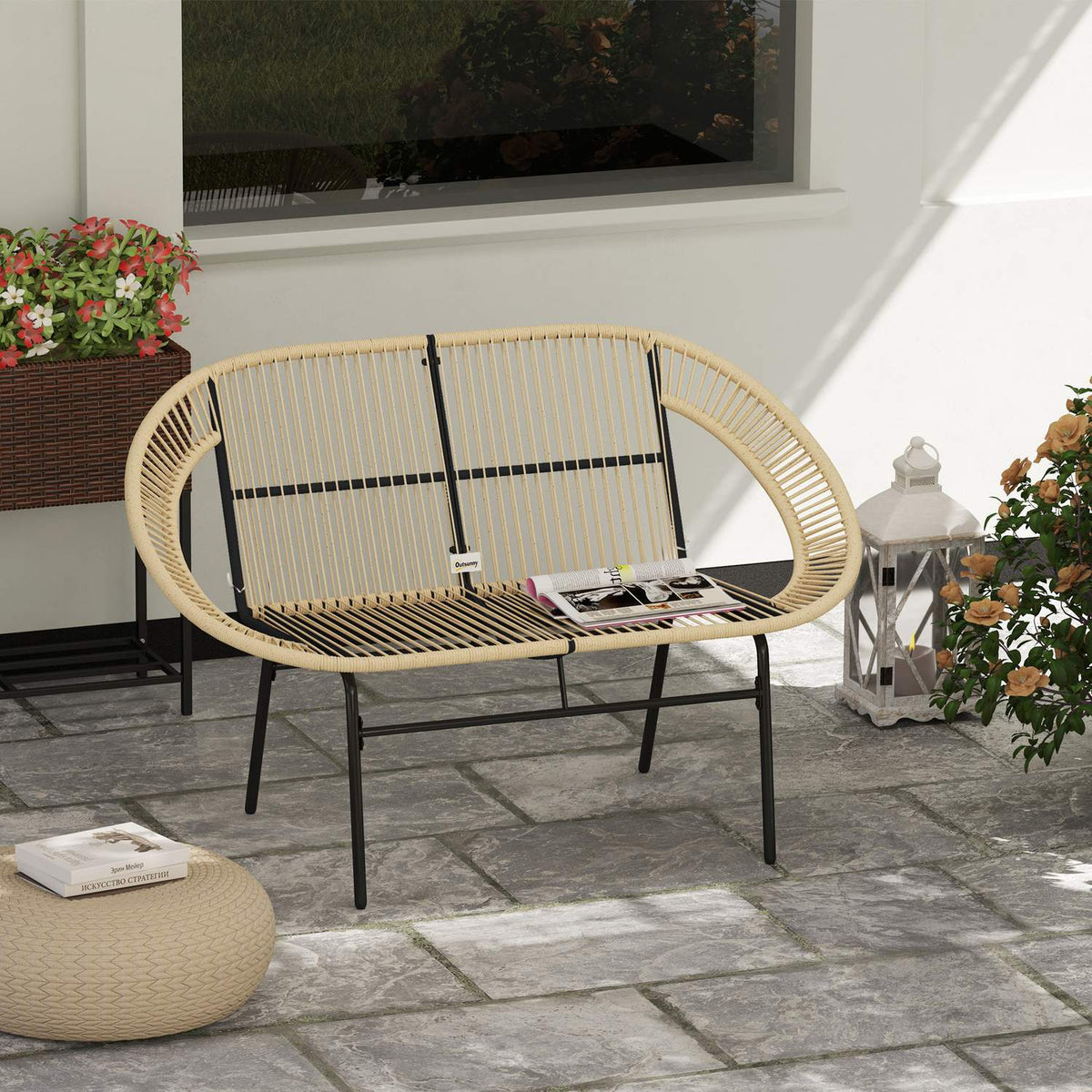 2-seater garden bench polyrattan, weatherproof bench in rattan weave design, UV-resistant garden furniture with backrests, park bench 260kg load capacity, for balcony terrace, garden 126x72x83cm, khaki