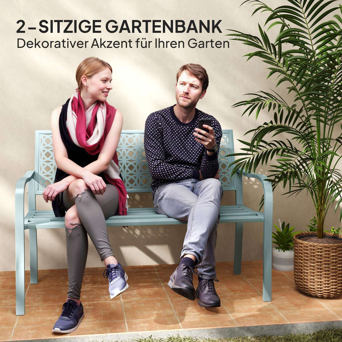 2-seater garden bench, weatherproof bench, garden furniture with back and armrests, park bench 240kg load capacity, balcony bench for balcony terrace, garden, 127 x 63 x 85cm, blue